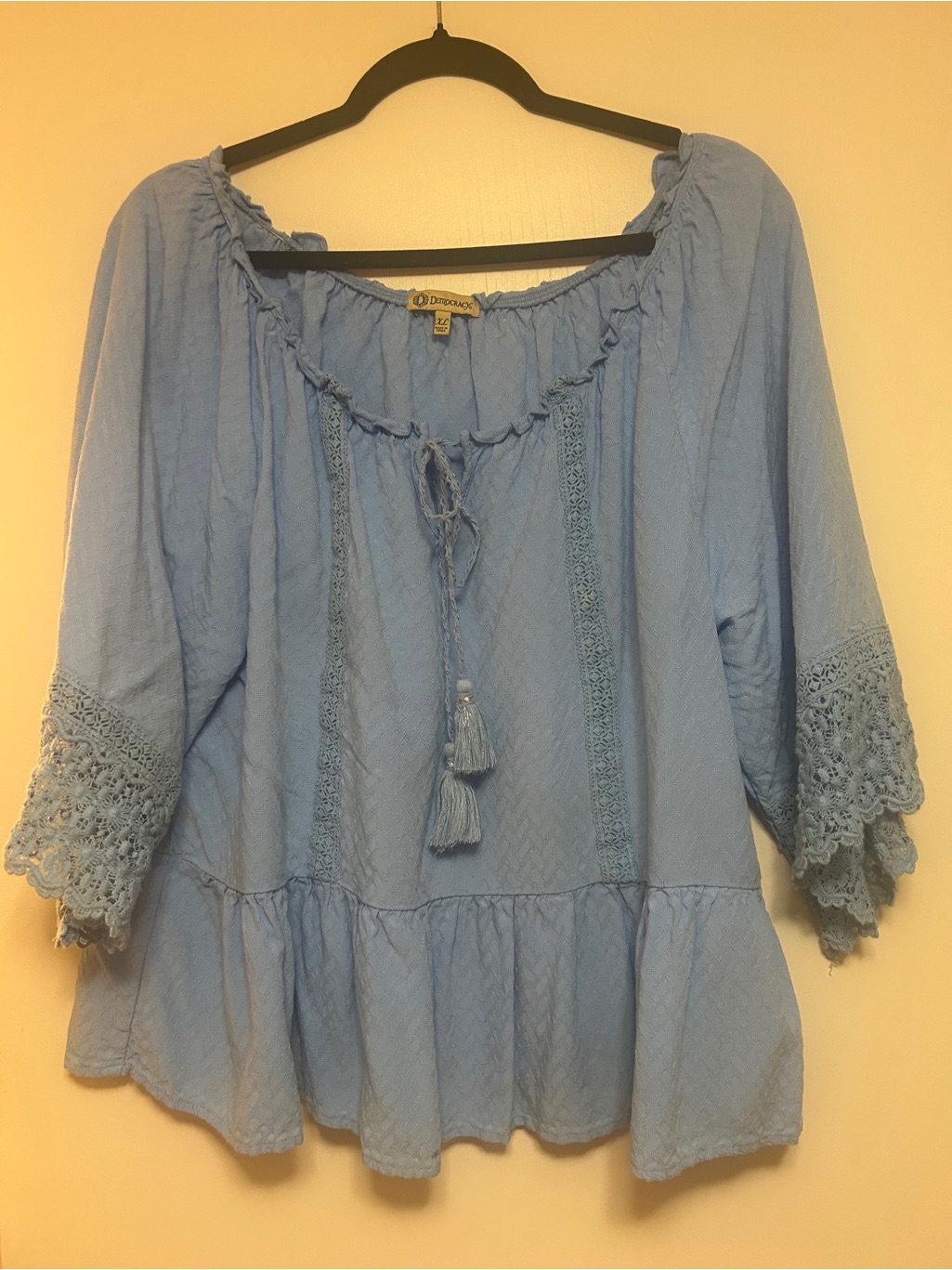 Democracy Light Blue Tassel Crochet Peasant Top